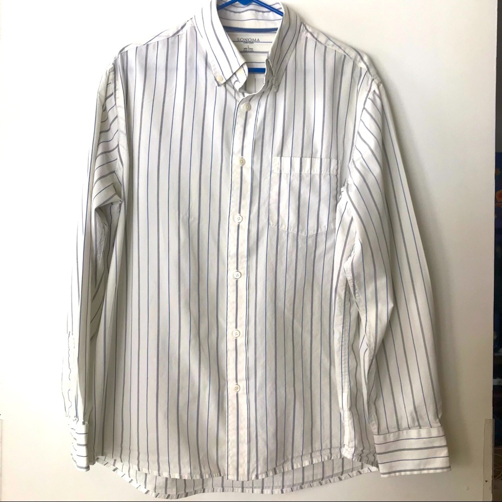 Sonoma Men’s White Button Down with Grey & Blue Stripes -Size Lg